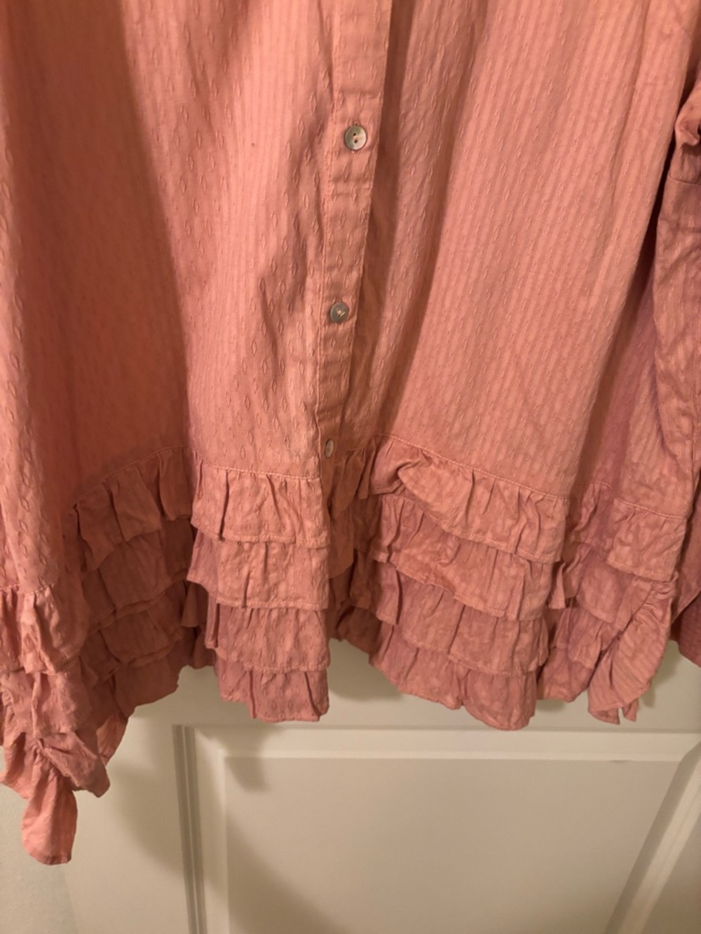 LOGO Ruffled Button-Front Blouse - Peach Pink XL - Picture 3 of 7